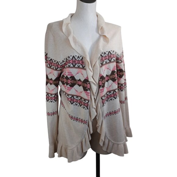 Pendleton Cardigan Ruffle Waterfall Style Cotton Aztec Neutral Print Women Large - Picture 1 of 15